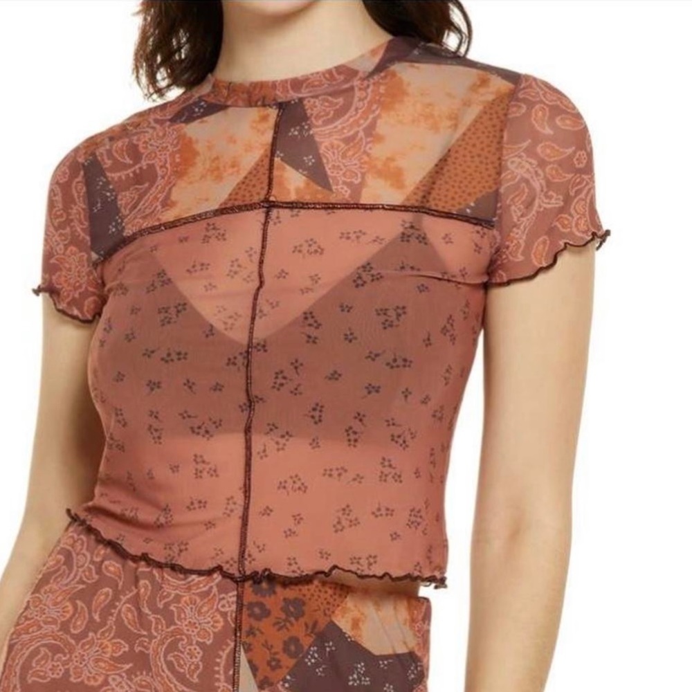 Cool sheer mesh patchwork stretchy tee top brown Medium M NEW NWT BP